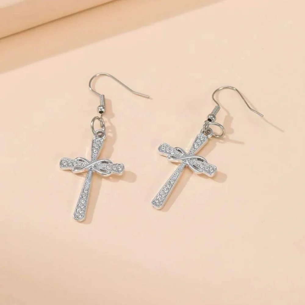 New Woman’s Sterling Silver Infinity Crucifix Cross White Sapphire Earrings